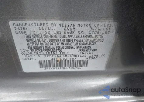 2017 Nissan Versa 1.6 Sv из США, поврежденный, VIN 3N1CN7AP5HL831756